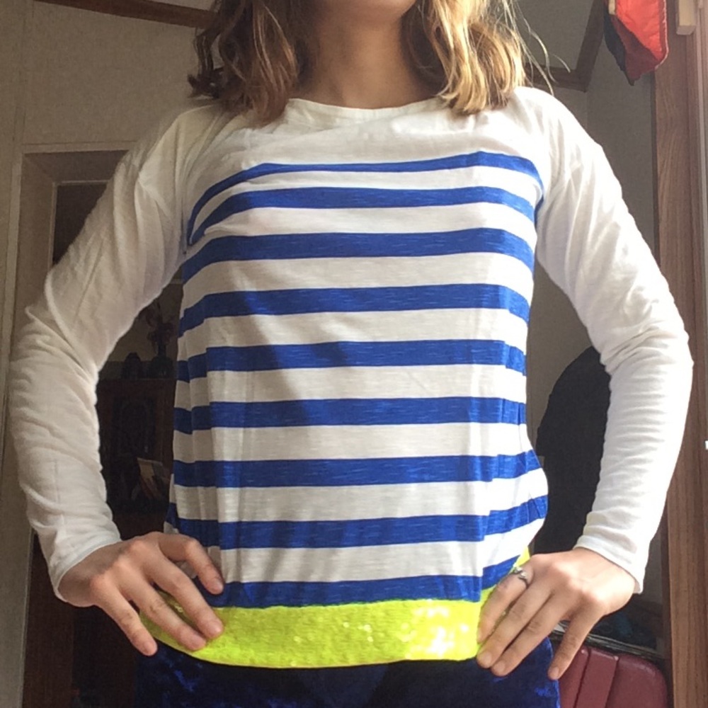 Loft petites blue and sequin sheer long sleeve